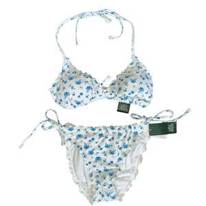 Wild Fable Floral Bikini Set Blue & White Ruffle Tie Side Size M
